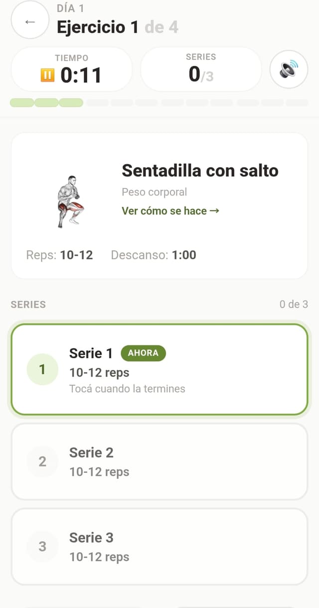 Ejecución de rutina en DeporYA: ejercicio, series y descanso